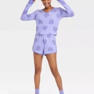 Colsie Pajama Lounge Set Purple Hearts Size XS Long Sleeve Top + Shorts NWT